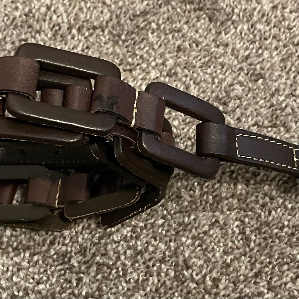 Brown Leather Belt with Metal Buckles and Textured Finish